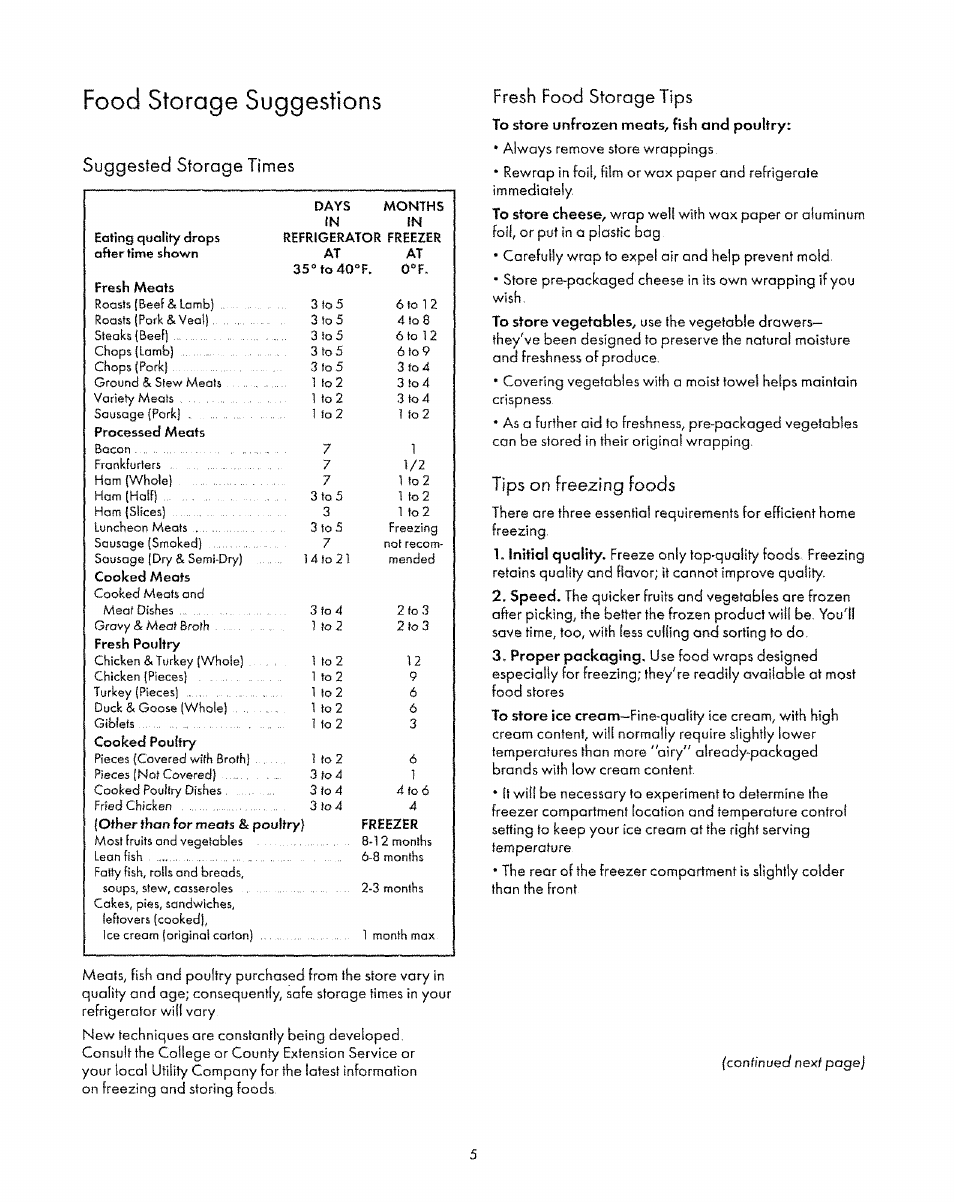 Food storage suggestions, Food storage suggestions -7, Suggested storage times | Fresh food storage tips, Tips on freezing foods | Sears 53071 User Manual | Page 5 / 16