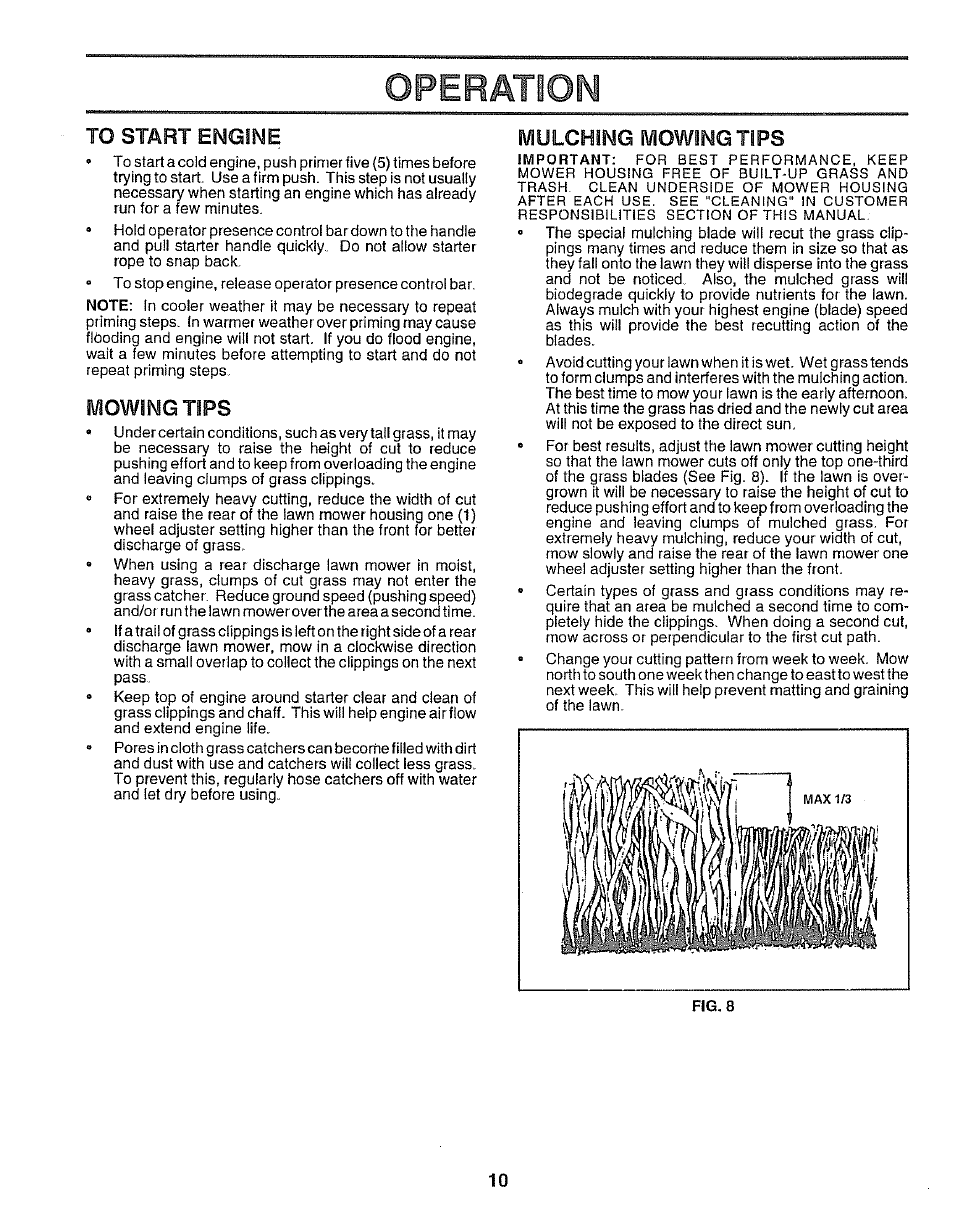 Operâtiom, To start engine, Mowing tips | Mulching mowing tips | Sears EZ3 917.38713 User Manual | Page 10 / 22