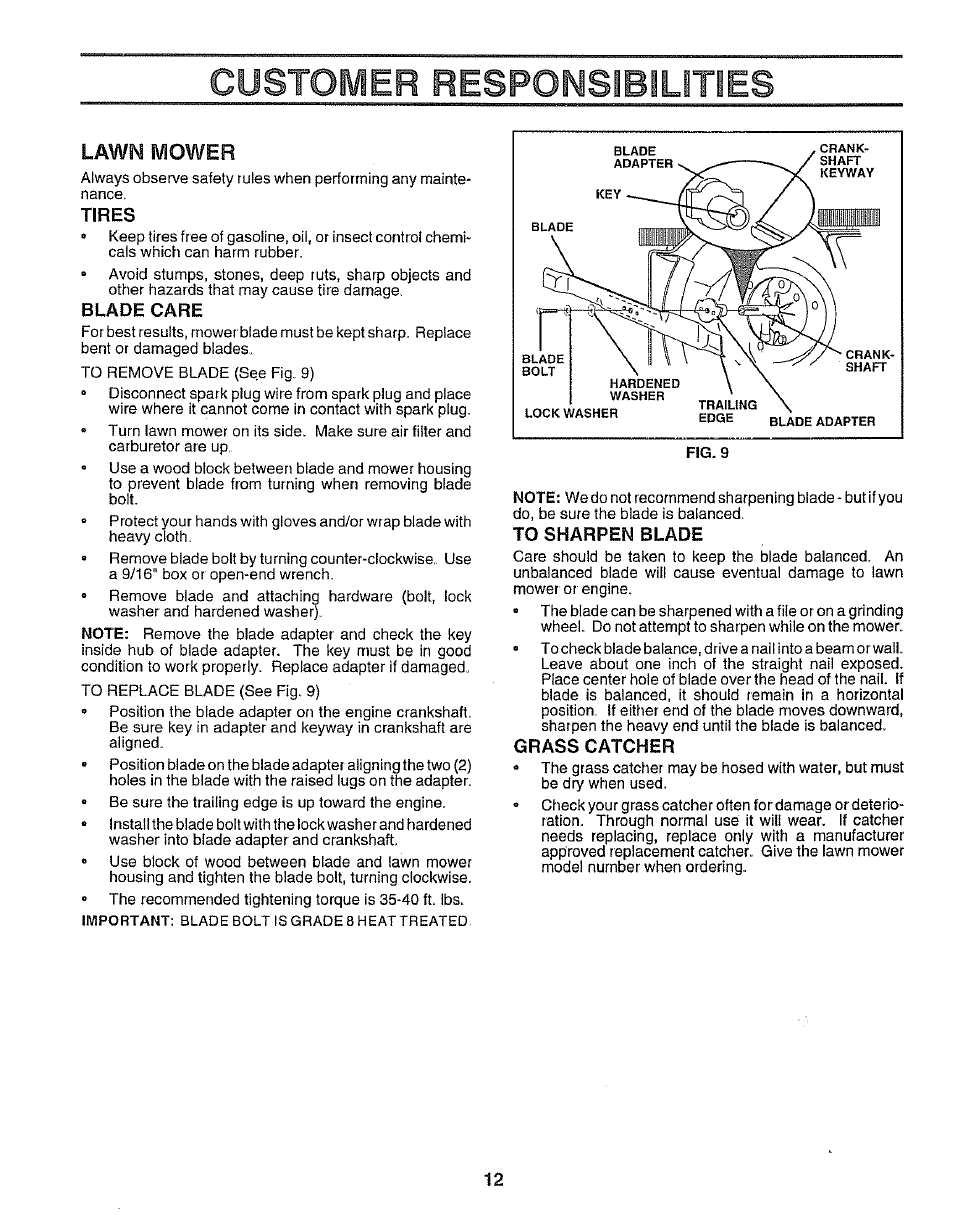 Tires, Blade care, To sharpen blade | Grass catcher, Customer responsibilities, Lawn mower | Sears EZ3 917.38713 User Manual | Page 12 / 22