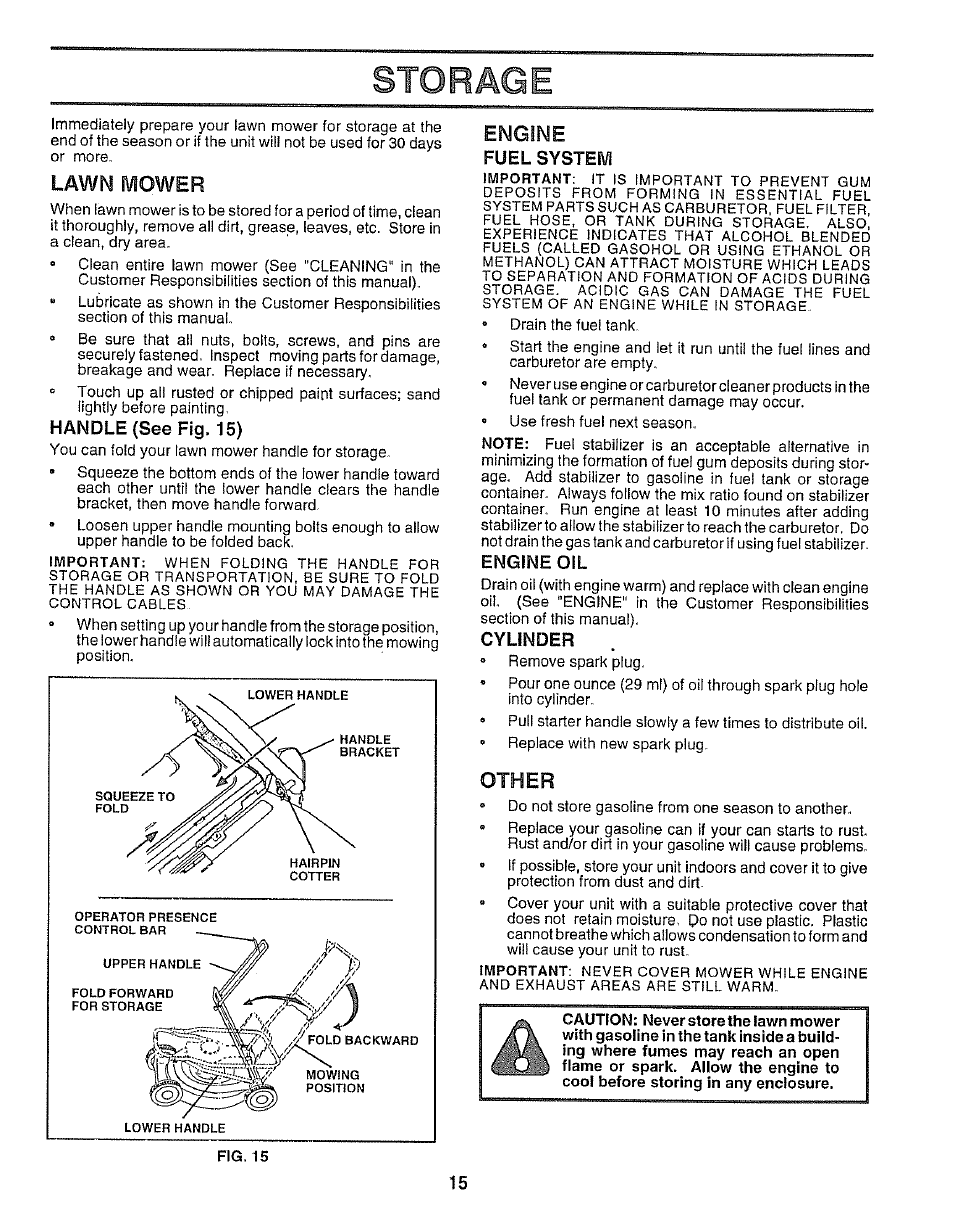 Storage, Lawn mower, Handle (see fig. 15) | Engine, Fuel system, Cylinder, Other, Engine oil | Sears EZ3 917.38713 User Manual | Page 15 / 22