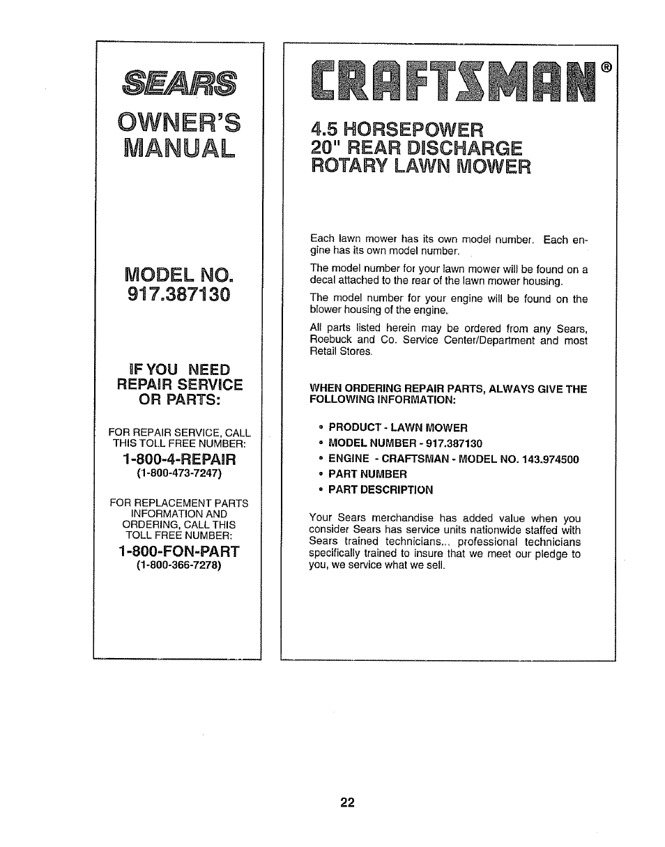 Tbu\x jvl lr, Owner’s, Manual 4.5 | 20" rear discharge rotary lawn mower, Horsepower, Model no | Sears EZ3 917.38713 User Manual | Page 22 / 22