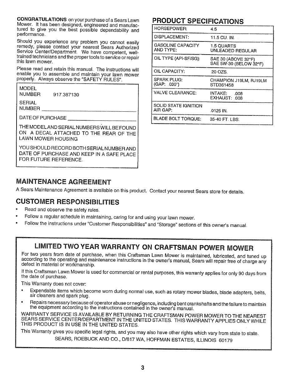 Product specifications, Maintenance agreement, Customer responsibilities | Limited two year warranty on craftsman power mower | Sears EZ3 917.38713 User Manual | Page 3 / 22