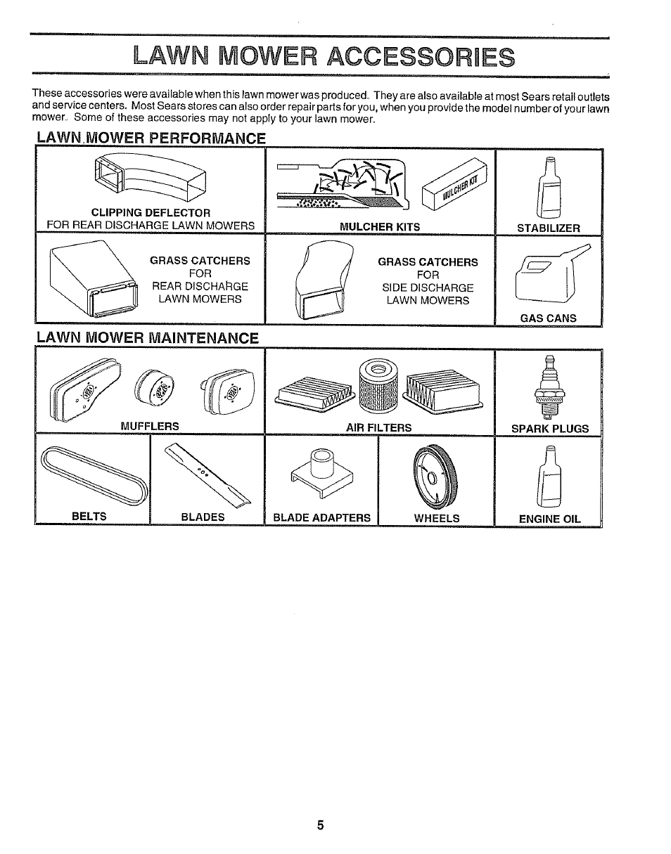 Lawn mower accessories, Lawn,mower performance | Sears EZ3 917.38713 User Manual | Page 5 / 22