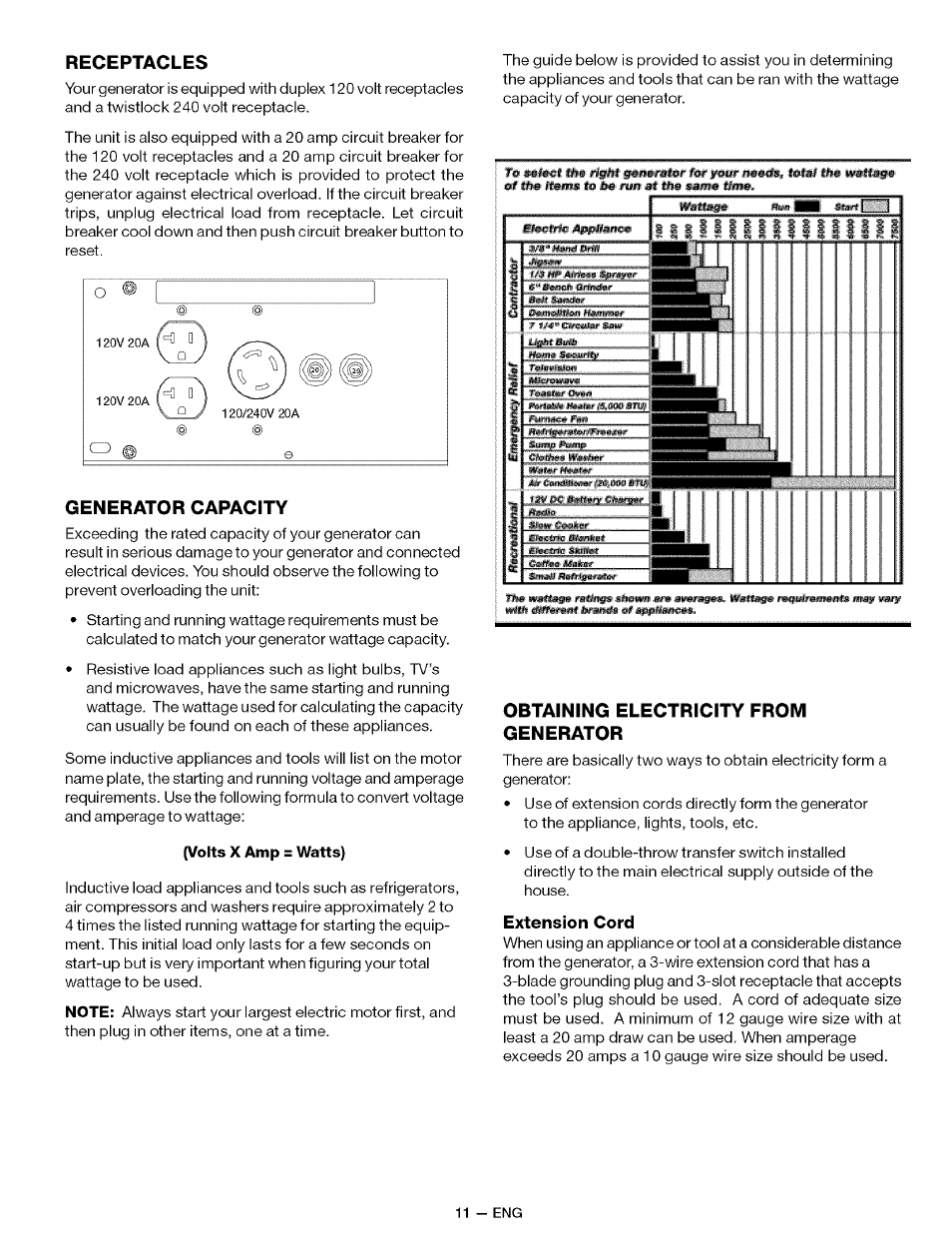 Generator capacity, Obtaining electricity from generator, Extension cord | Sears CAMPANION 919.32721 User Manual | Page 11 / 26