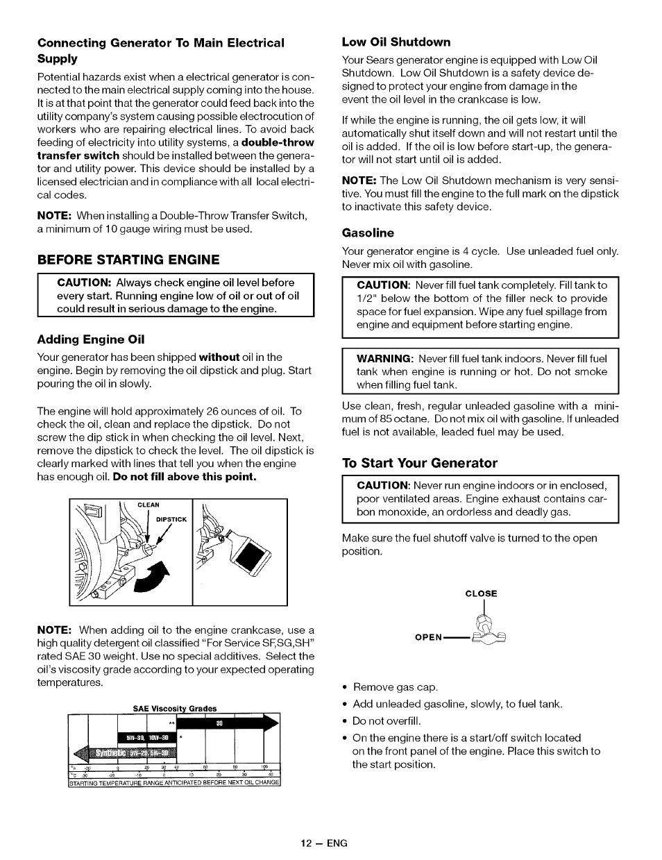 Connecting generator to main electrical supply, Before starting engine, Adding engine oil | Low oil shutdown, Gasoline, To start your generator | Sears CAMPANION 919.32721 User Manual | Page 12 / 26