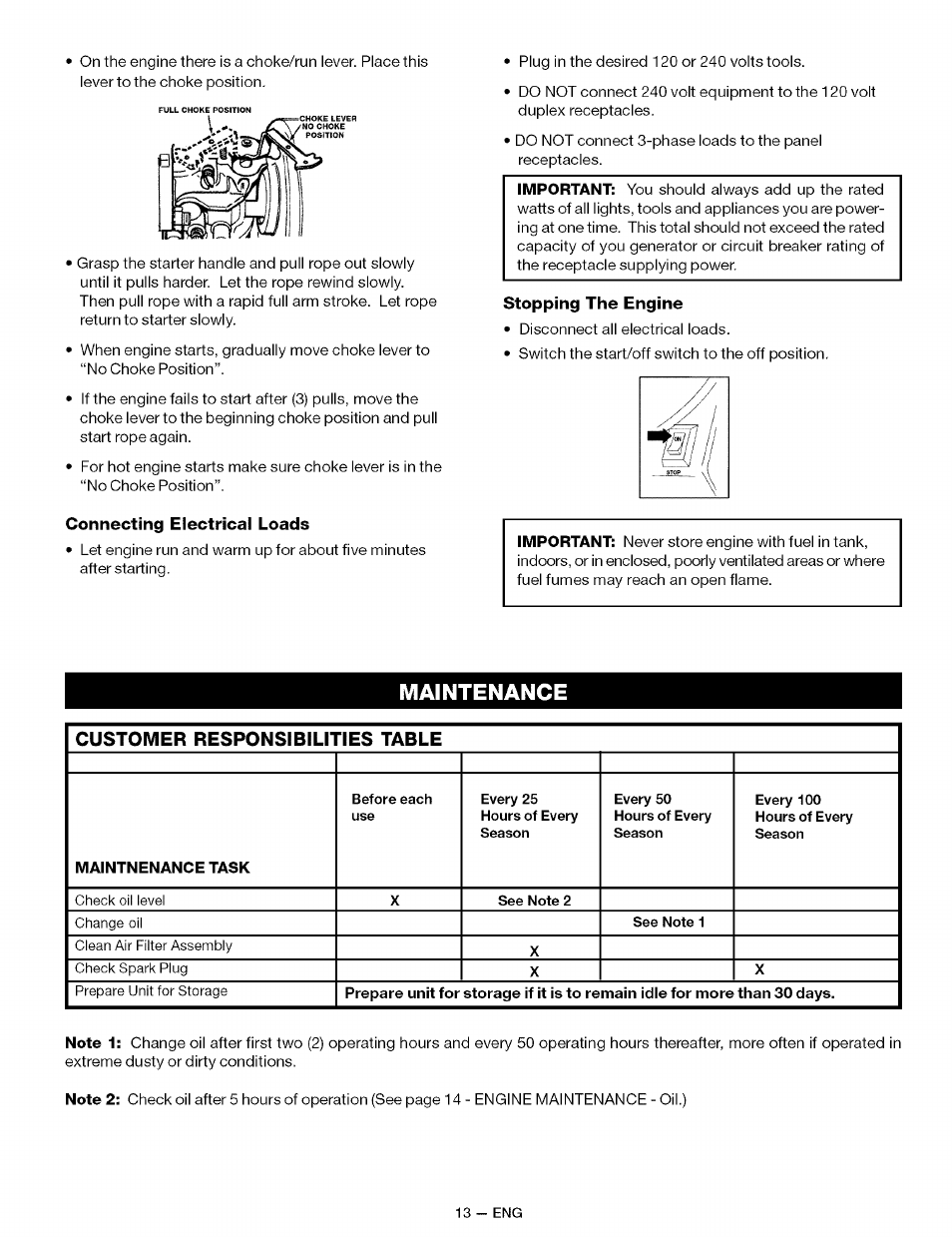 Connecting electrical loads, Stopping the engine, Maintenance | Customer responsibilities table | Sears CAMPANION 919.32721 User Manual | Page 13 / 26