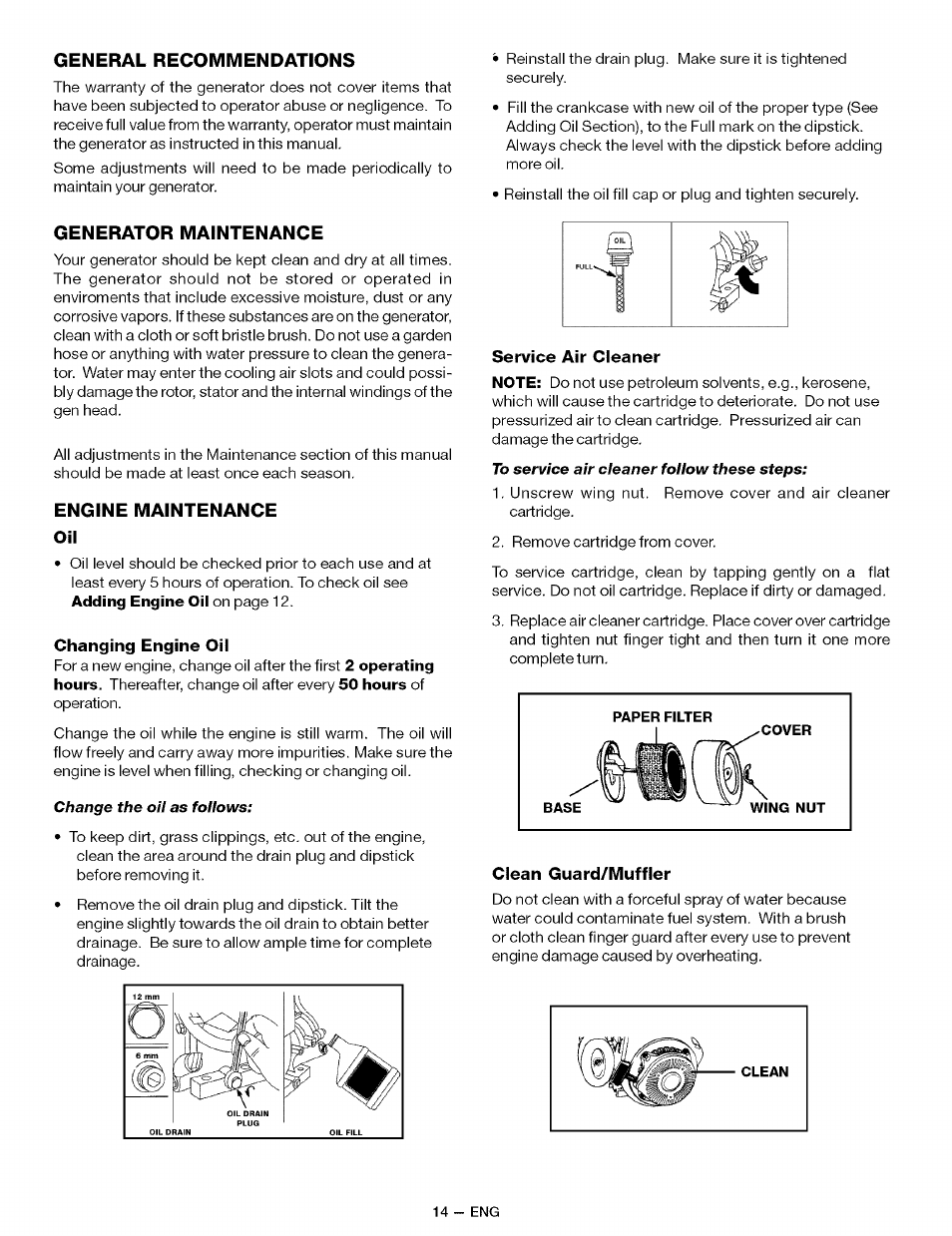 General recommendations, Generator maintenance, Engine maintenance oil | Changing engine oil, Service air cleaner, Clean guard/muffler | Sears CAMPANION 919.32721 User Manual | Page 14 / 26