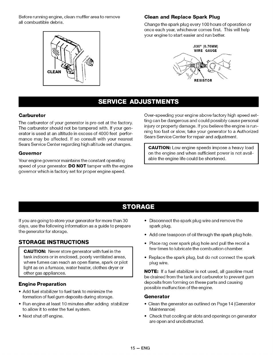 Clean and replace spark plug, Service adjustments, Carburetor | Governor, Storage, Storage instructions, Engine preparation, Generator | Sears CAMPANION 919.32721 User Manual | Page 15 / 26