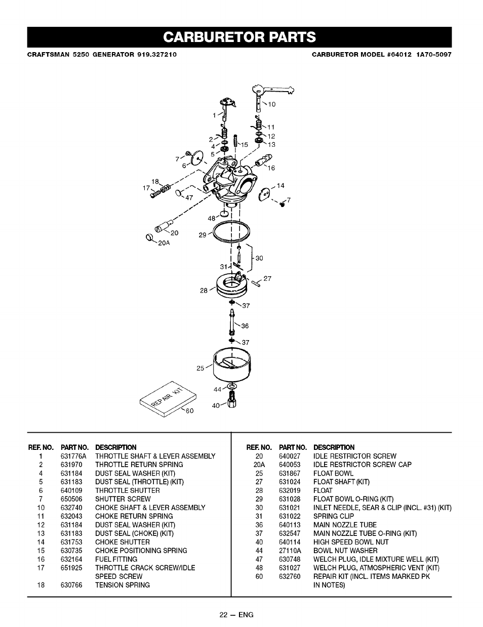 Carburetor parts | Sears CAMPANION 919.32721 User Manual | Page 22 / 26