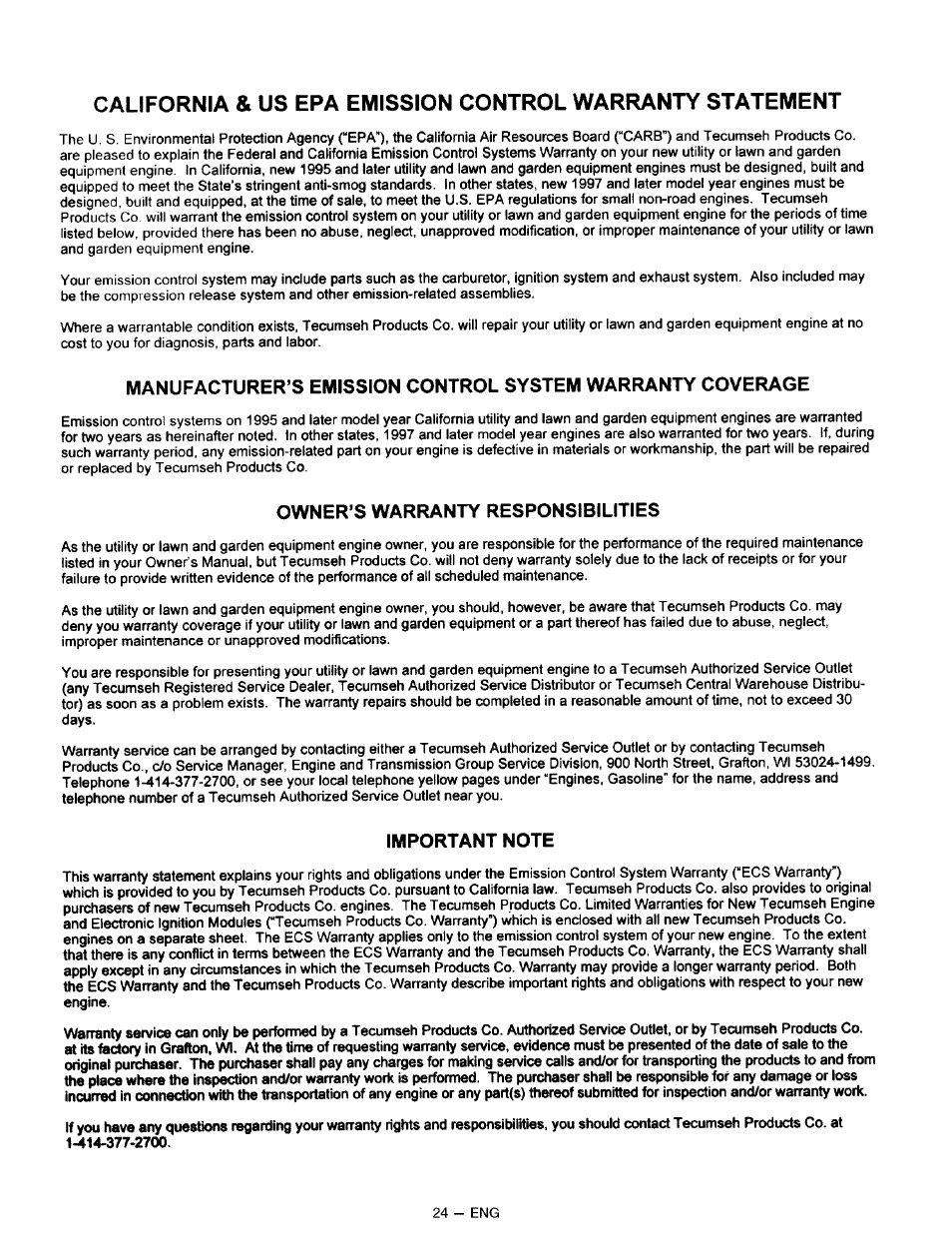 Owner’s warranty responsibilities, Important note | Sears CAMPANION 919.32721 User Manual | Page 24 / 26