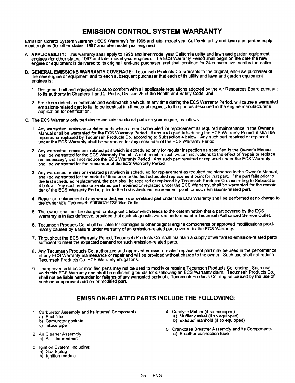 Emission control system warranty, Emission-related parts include the following | Sears CAMPANION 919.32721 User Manual | Page 25 / 26