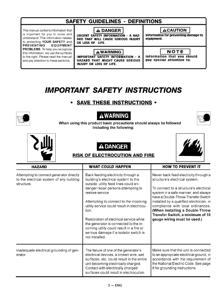 Safety guidelines - definitions, A danger, Acaution | Awarning, Note, Save these instructions, Risk of electrocution and fire, Important safety instructions, Save these instructions • awarning s3 | Sears CAMPANION 919.32721 User Manual | Page 3 / 26