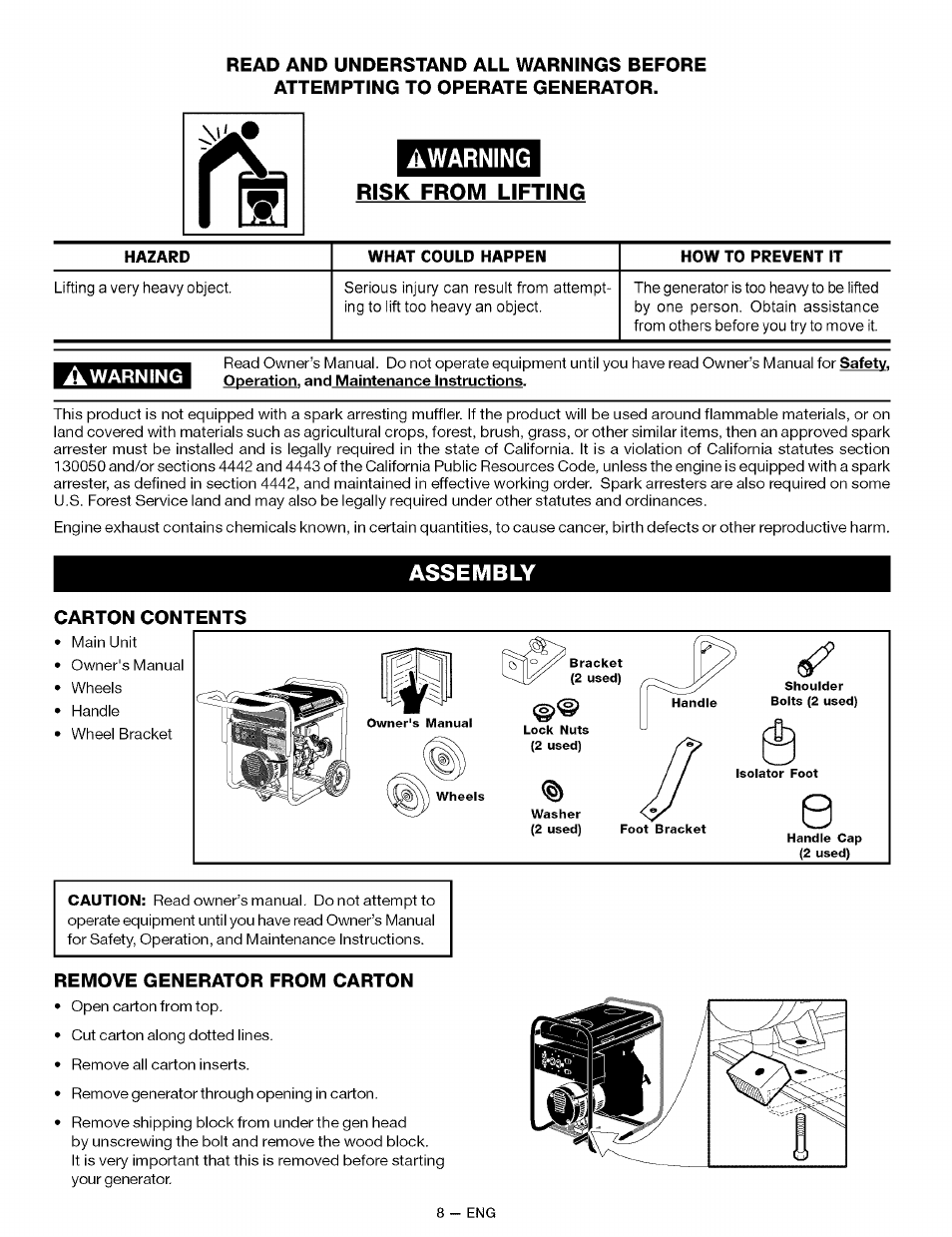 Awarning, Risk from lifting, Assembly | Carton contents, Remove generator from carton, Awarning risk from lifting | Sears CAMPANION 919.32721 User Manual | Page 8 / 26