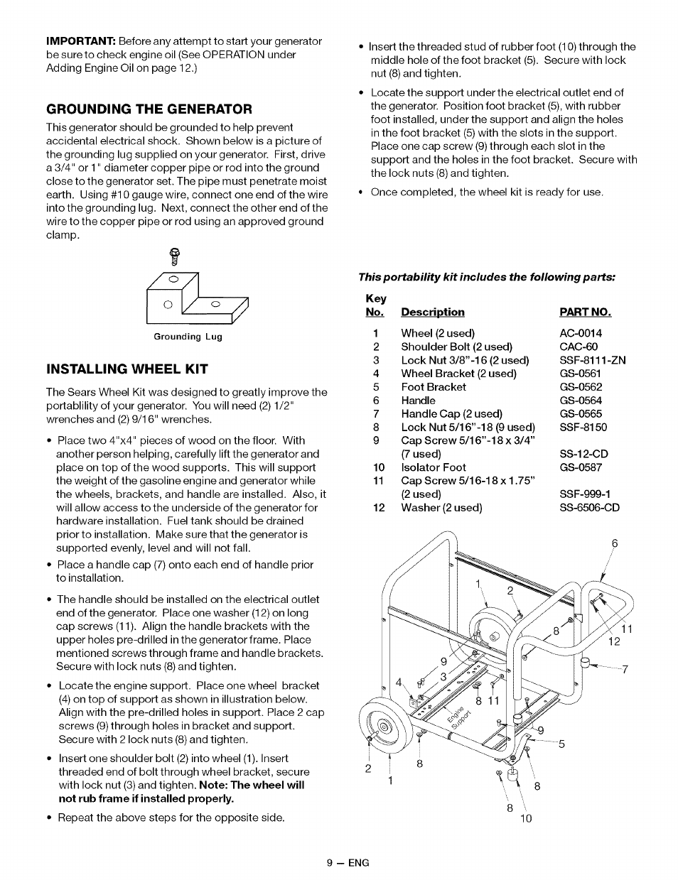 Grounding the generator, Installing wheel kit | Sears CAMPANION 919.32721 User Manual | Page 9 / 26