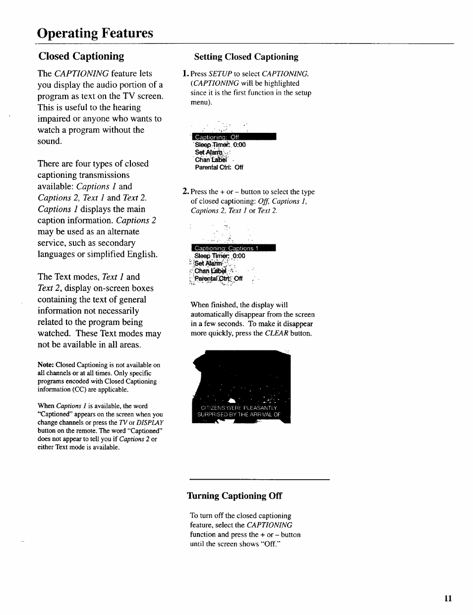 Setting closed captioning, Ixirning captioning off, Operating features | Sears 274.4392839 User Manual | Page 12 / 39