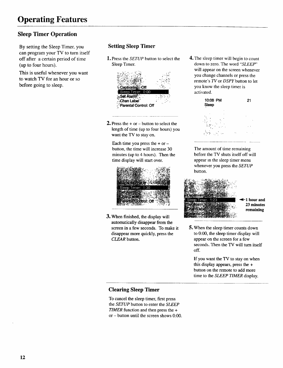 Sleep timer operation, Setting sleep timer, Clearing sleep timer | Operating features | Sears 274.4392839 User Manual | Page 13 / 39