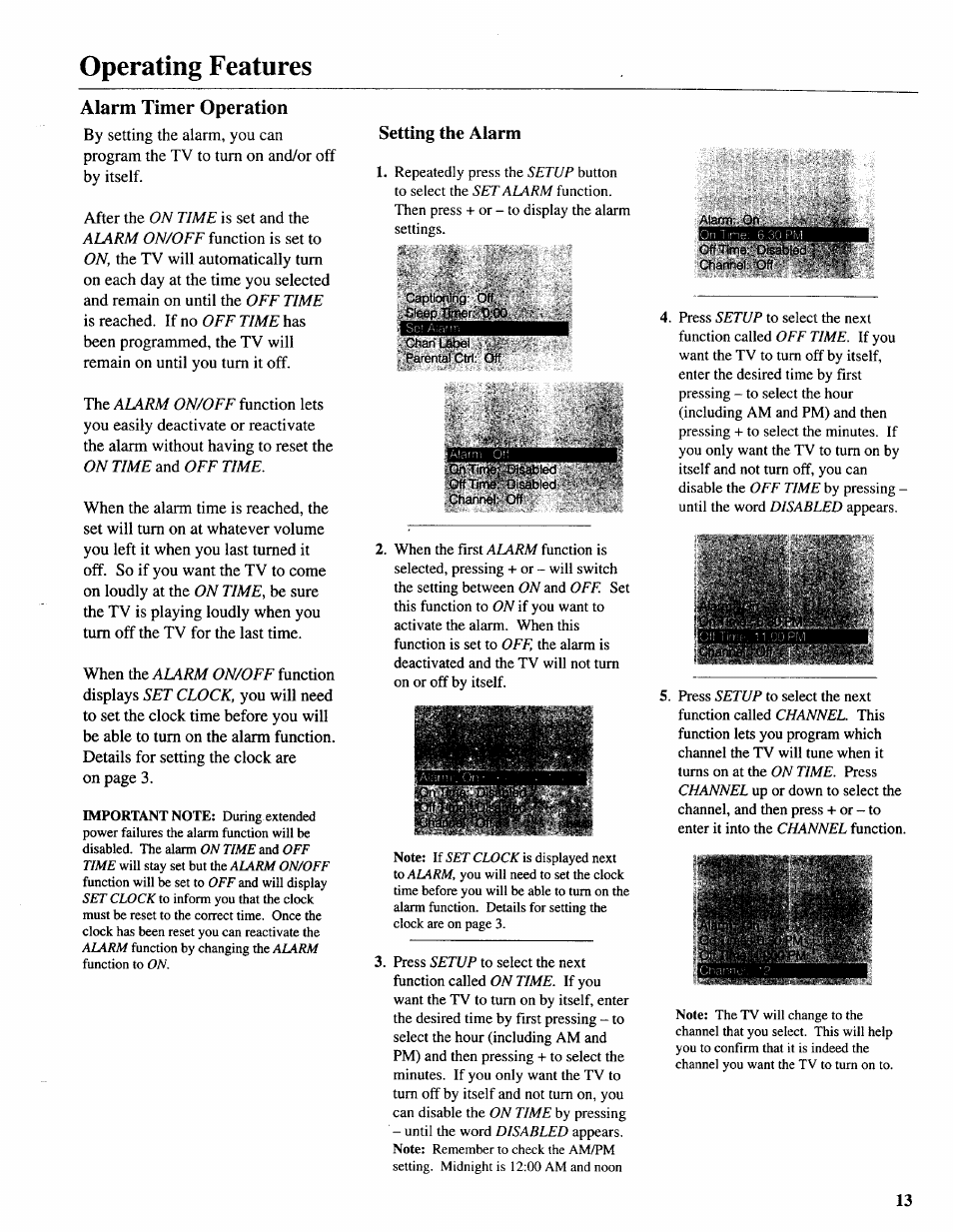 Alarm timer operation, Setting the alarm, Operating features | Sears 274.4392839 User Manual | Page 14 / 39