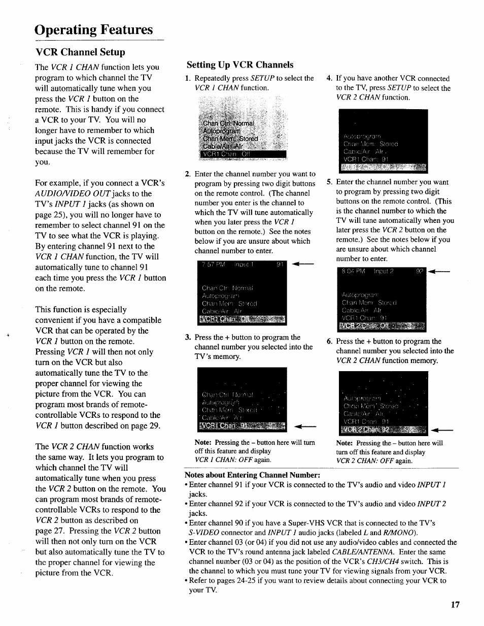 Vcr channel setup, Setting up vcr channels, Operating features | Sears 274.4392839 User Manual | Page 18 / 39