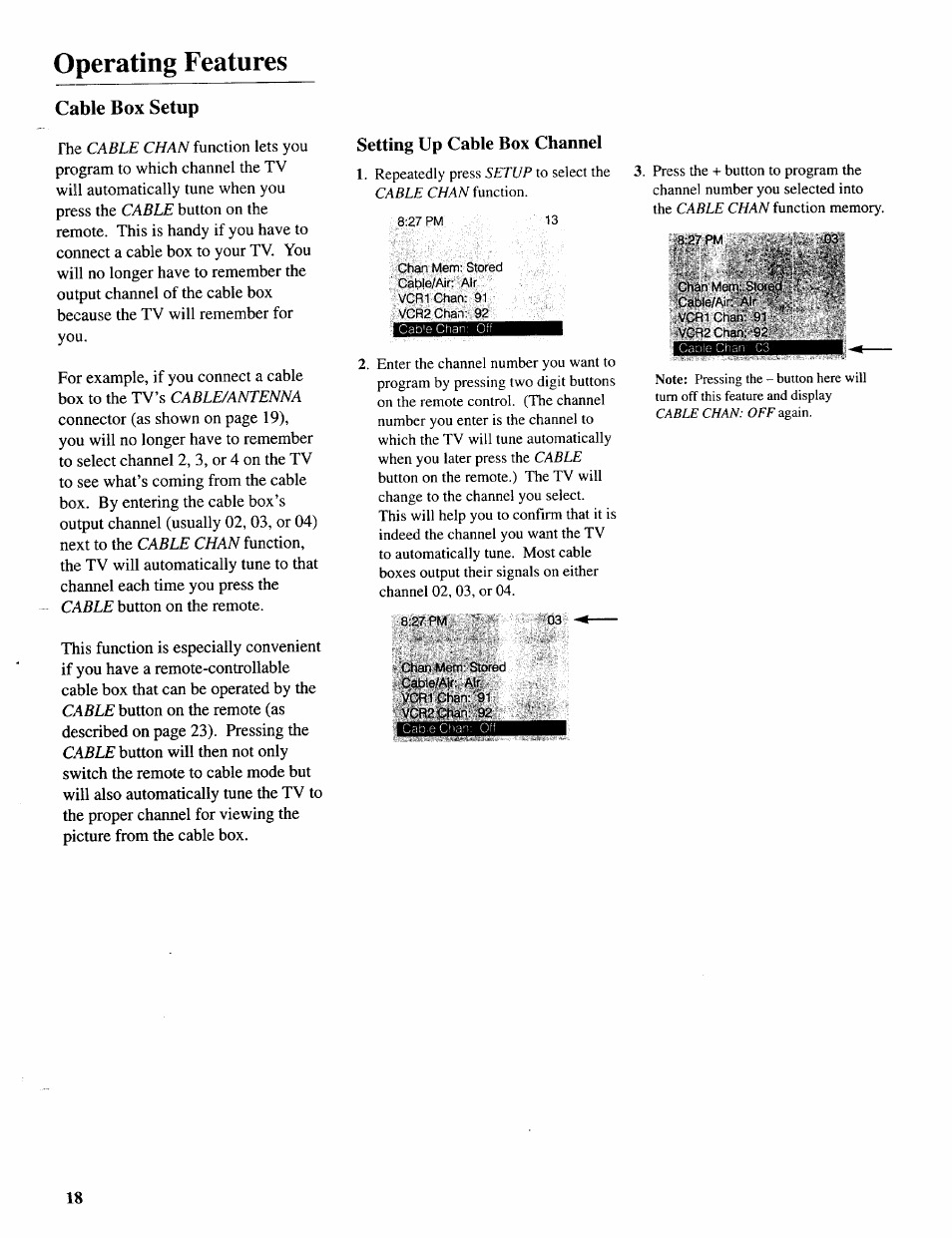 Cable box setup, Setting up cable box channel, Operating features | Sears 274.4392839 User Manual | Page 19 / 39