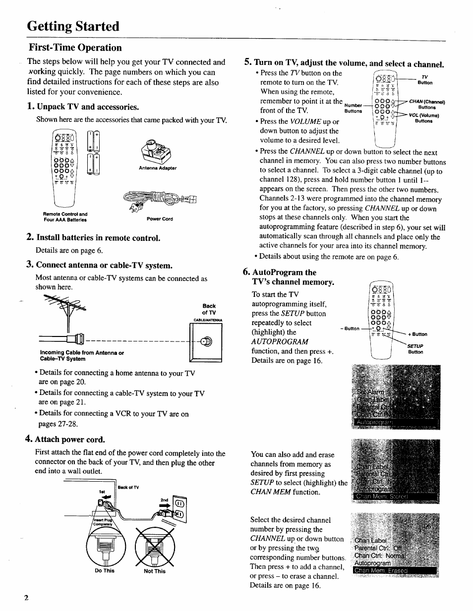 First-time operation, Unpack tv and accessories, Install batteries in remote control | Connect antenna or cable-tv system, Attach power cord, Autoprogram the tv’s channel memory, Getting started | Sears 274.4392839 User Manual | Page 3 / 39