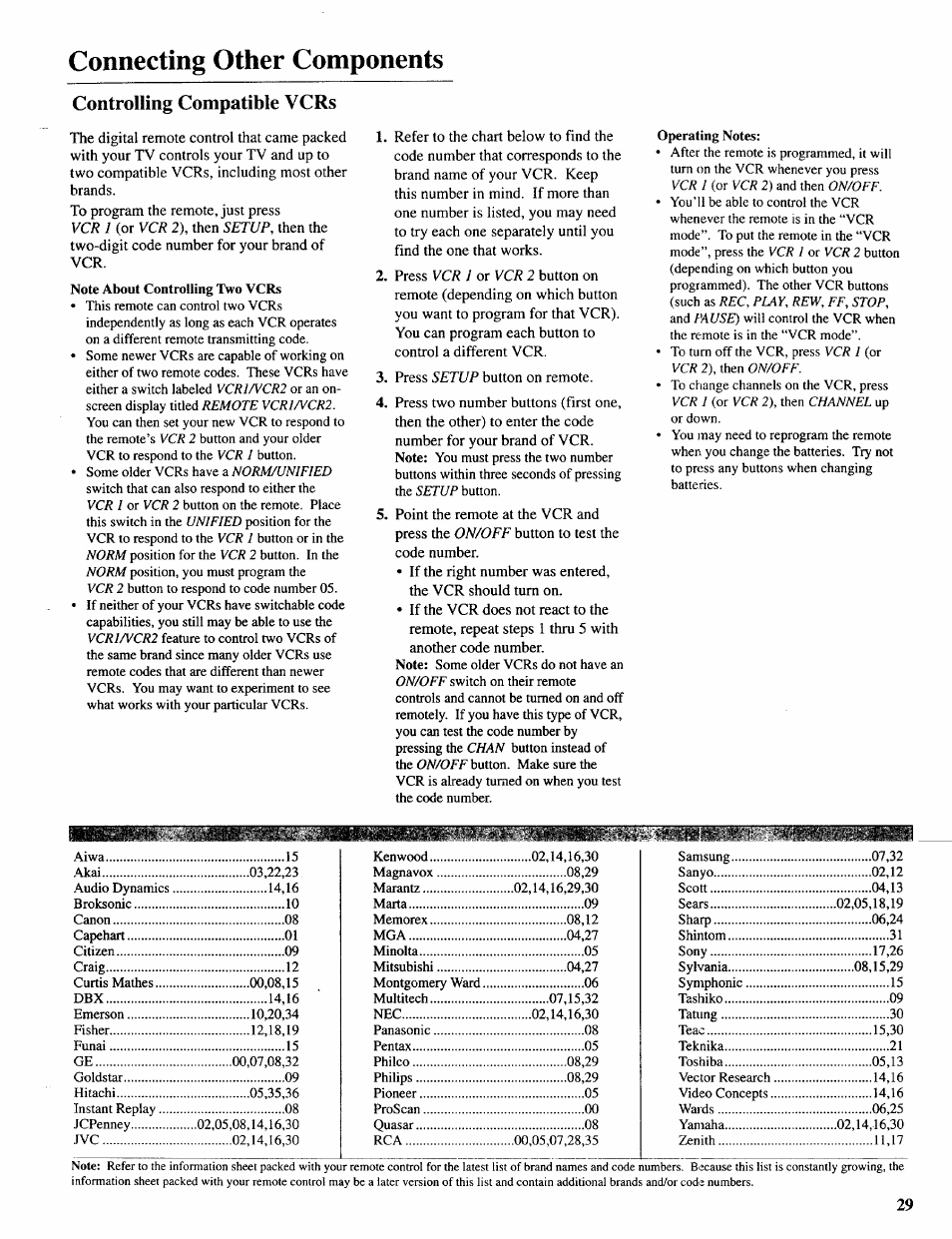 Controlling compatible vcrs, Connecting other components | Sears 274.4392839 User Manual | Page 30 / 39