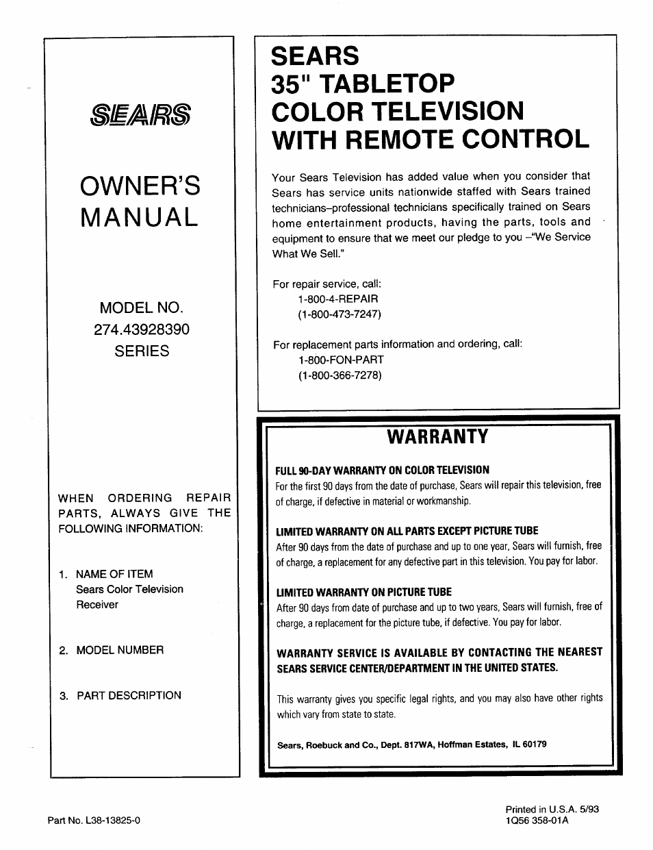 Owner’s, Manual, Owner’s manual | Warranty | Sears 274.4392839 User Manual | Page 39 / 39