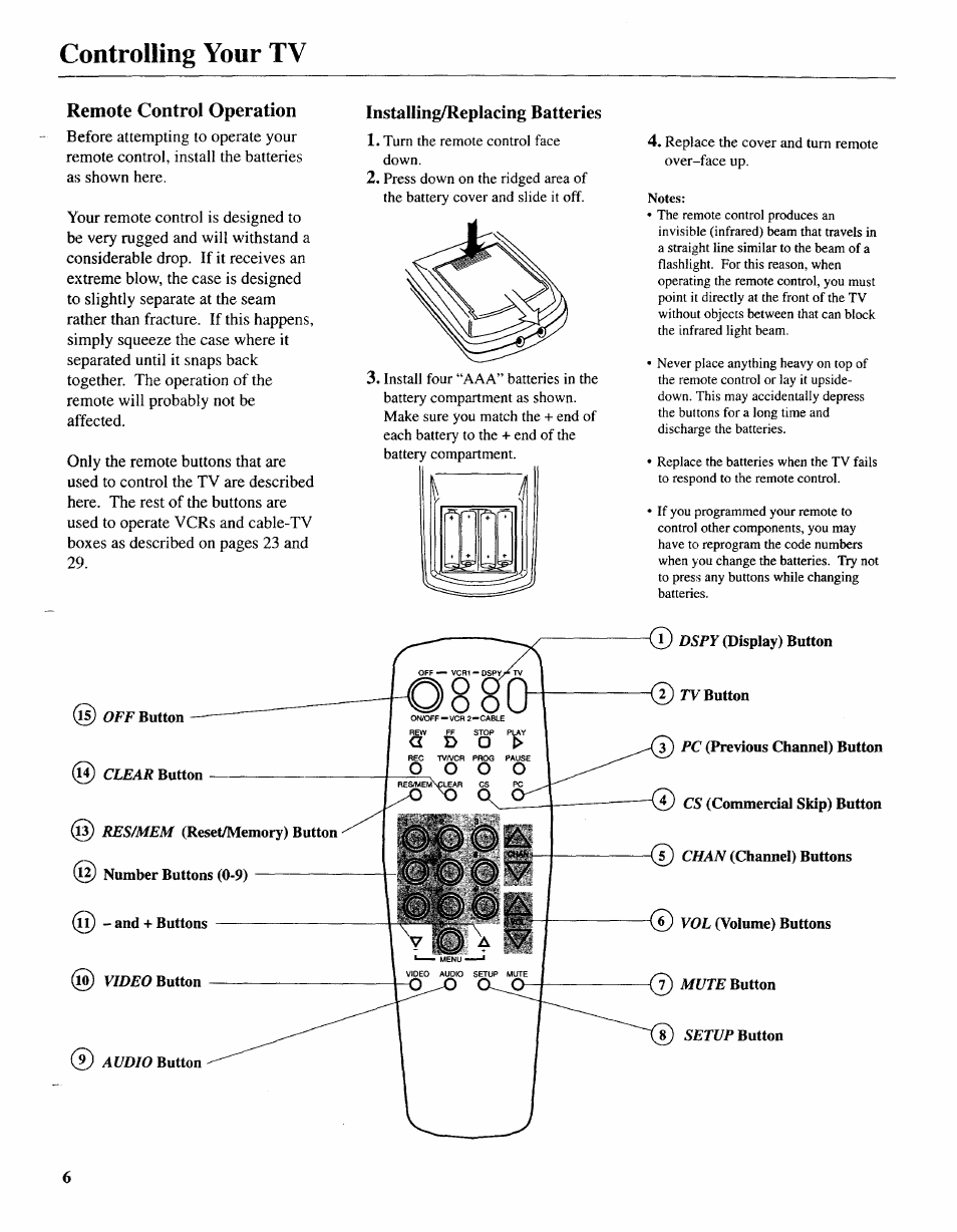 Remote control operation, Instaliing/replacing batteries, Controlling your tv | Sears 274.4392839 User Manual | Page 7 / 39