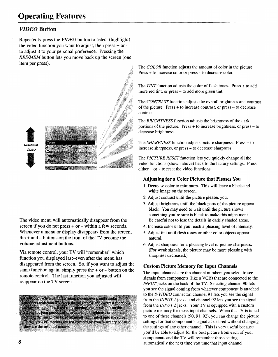 Adjusting for a color picture that pleases you, Custom picture memory for input channels, Operating features | Sears 274.4392839 User Manual | Page 9 / 39