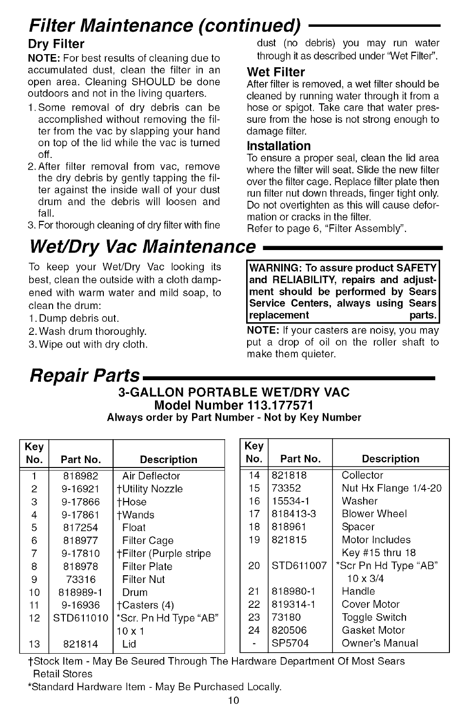 Filter maintenance (continued), Wet/dry vac maintenance, Repair parts | Sears 113.177571 User Manual | Page 10 / 12