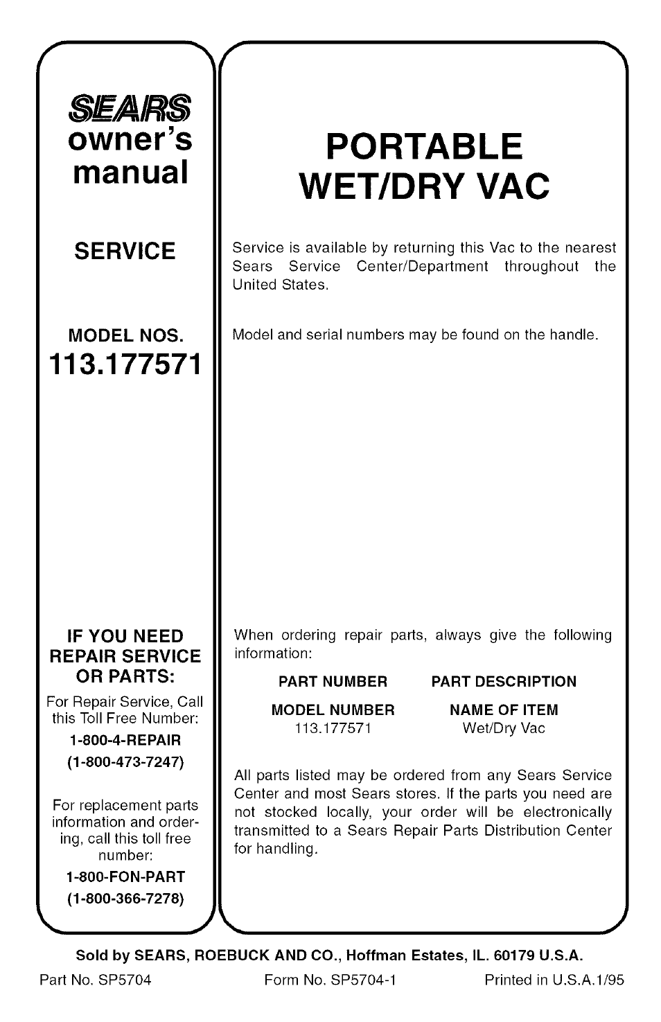 Portable wet/dry vac, Owner’s manual, Service | Sears 113.177571 User Manual | Page 12 / 12