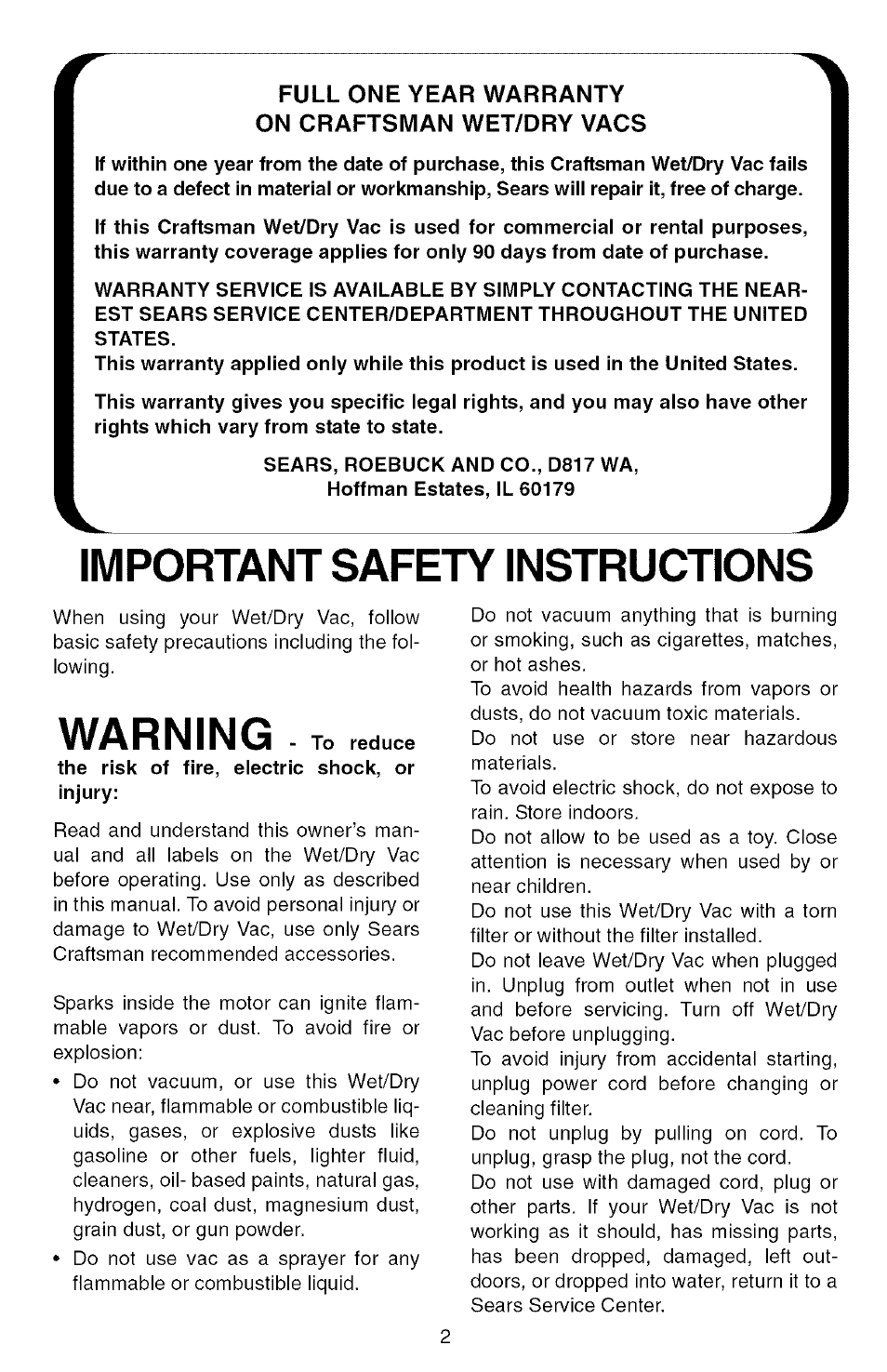 Important safety instructions, Warning | Sears 113.177571 User Manual | Page 2 / 12