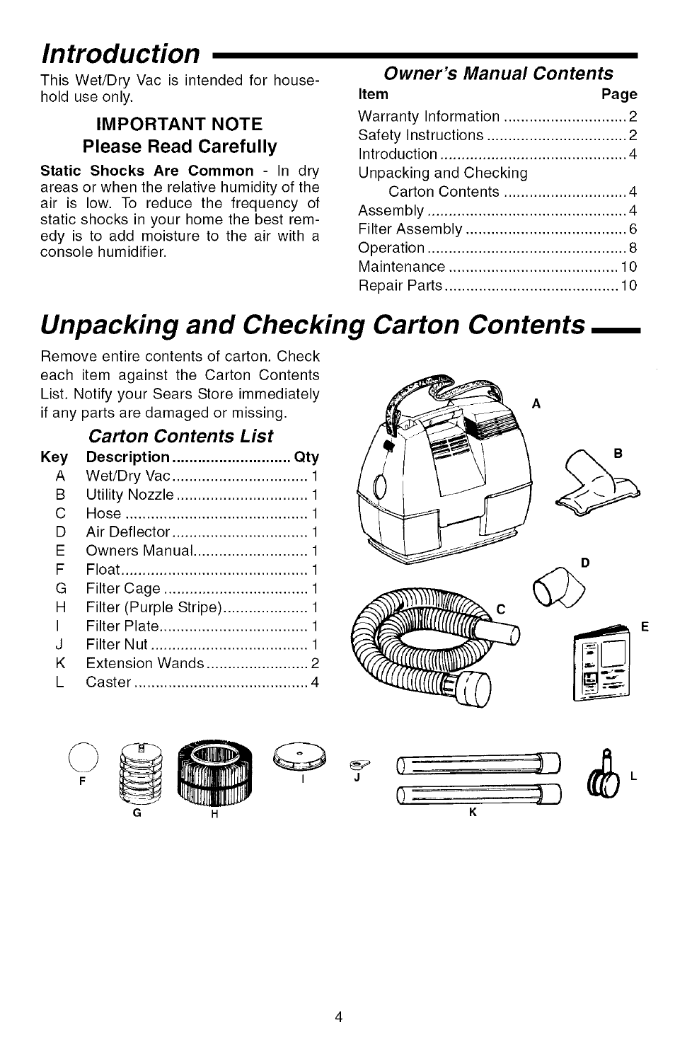 Introduction, Unpacking and checking carton contents, Owner’s manual contents | Carton contents list | Sears 113.177571 User Manual | Page 4 / 12
