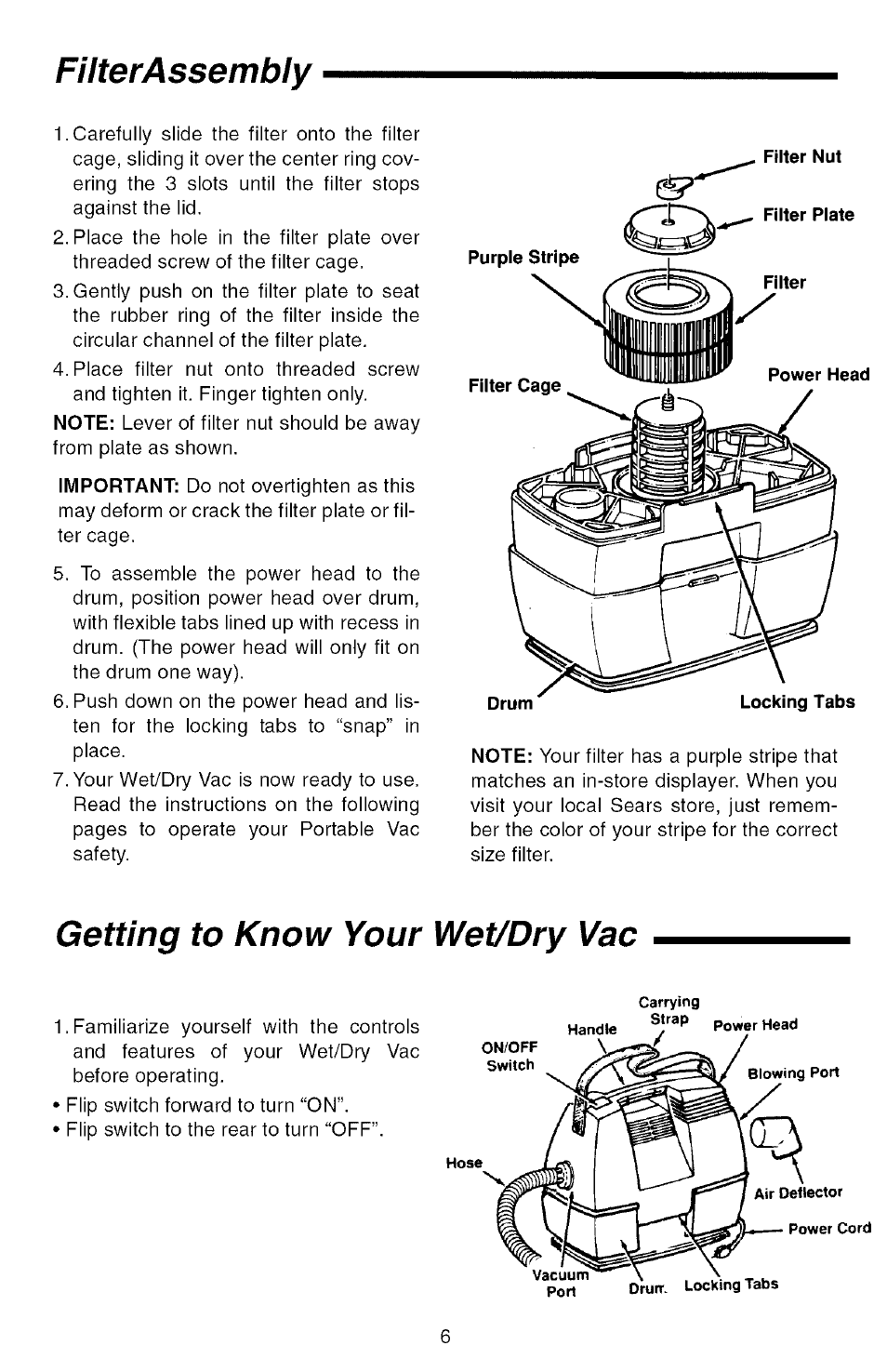 Filterassembly, Getting to know your wet/dry vac | Sears 113.177571 User Manual | Page 6 / 12