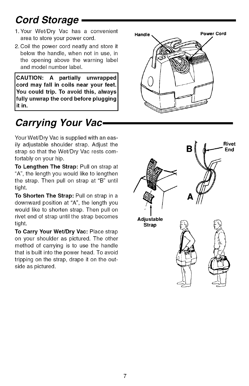 Cord storage, Carrying your vac | Sears 113.177571 User Manual | Page 7 / 12