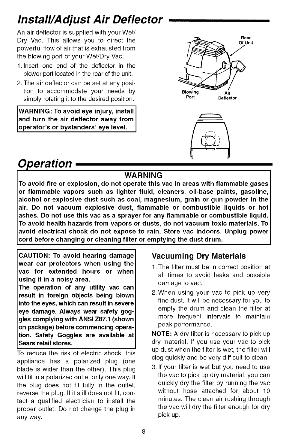 Install/adjust air deflector, Operation | Sears 113.177571 User Manual | Page 8 / 12