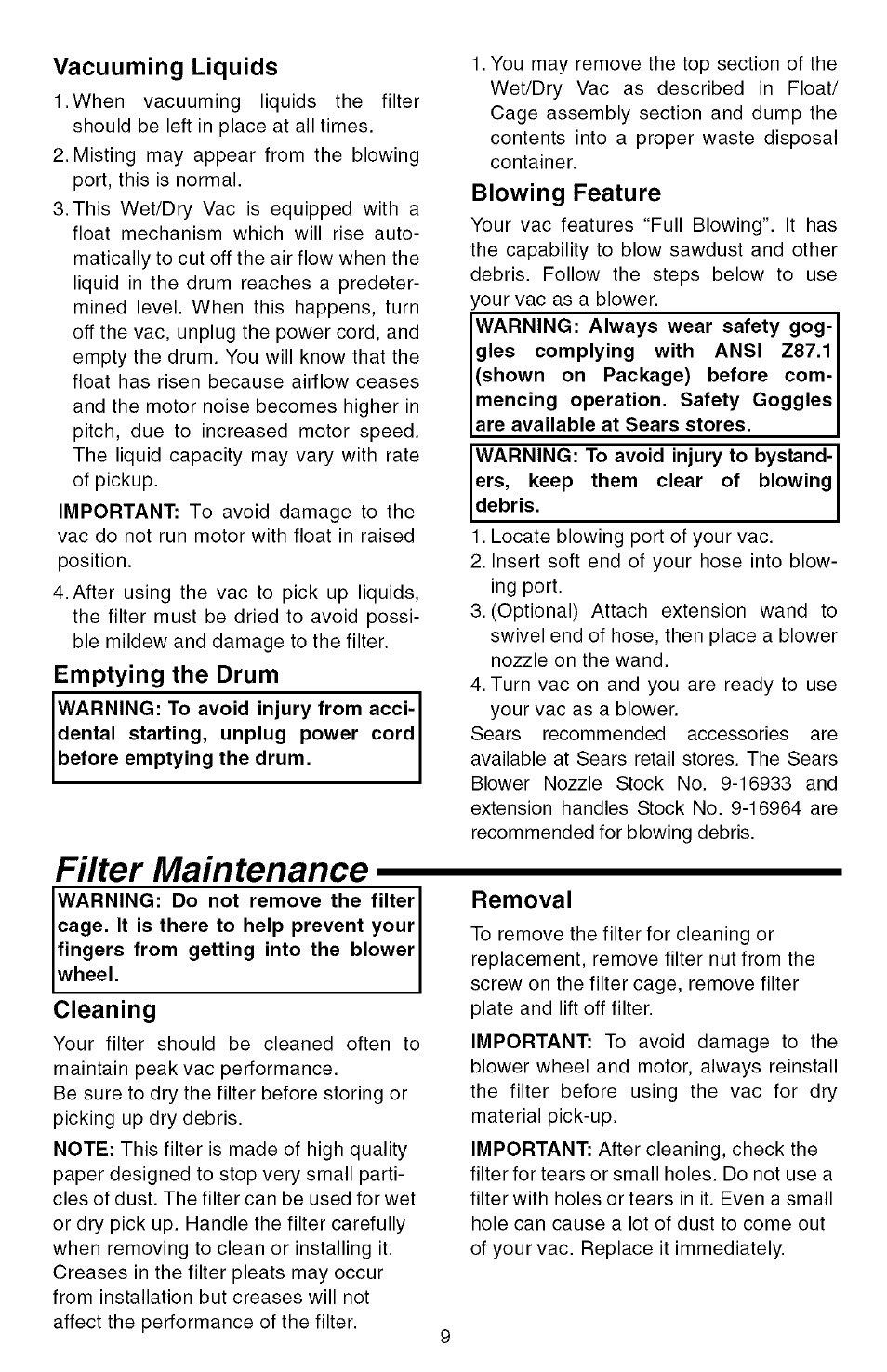 Filter maintenance, Vacuuming liquids, Emptying the drum | Cleaning, Blowing feature, Removal | Sears 113.177571 User Manual | Page 9 / 12