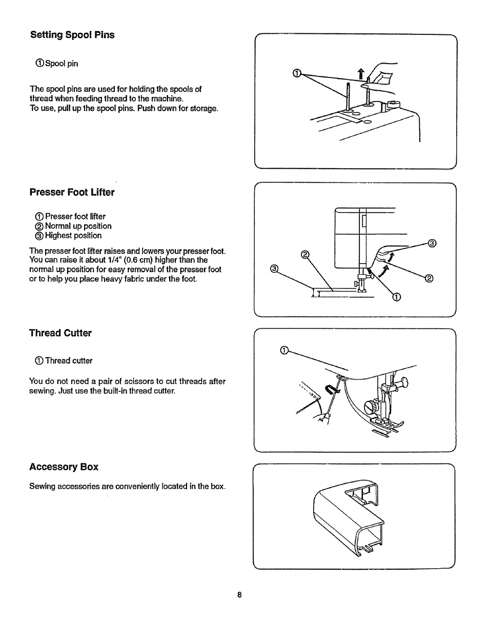 Setting spool pins, Thread cutter, Accessory box | Sears 38512102 User Manual | Page 16 / 69