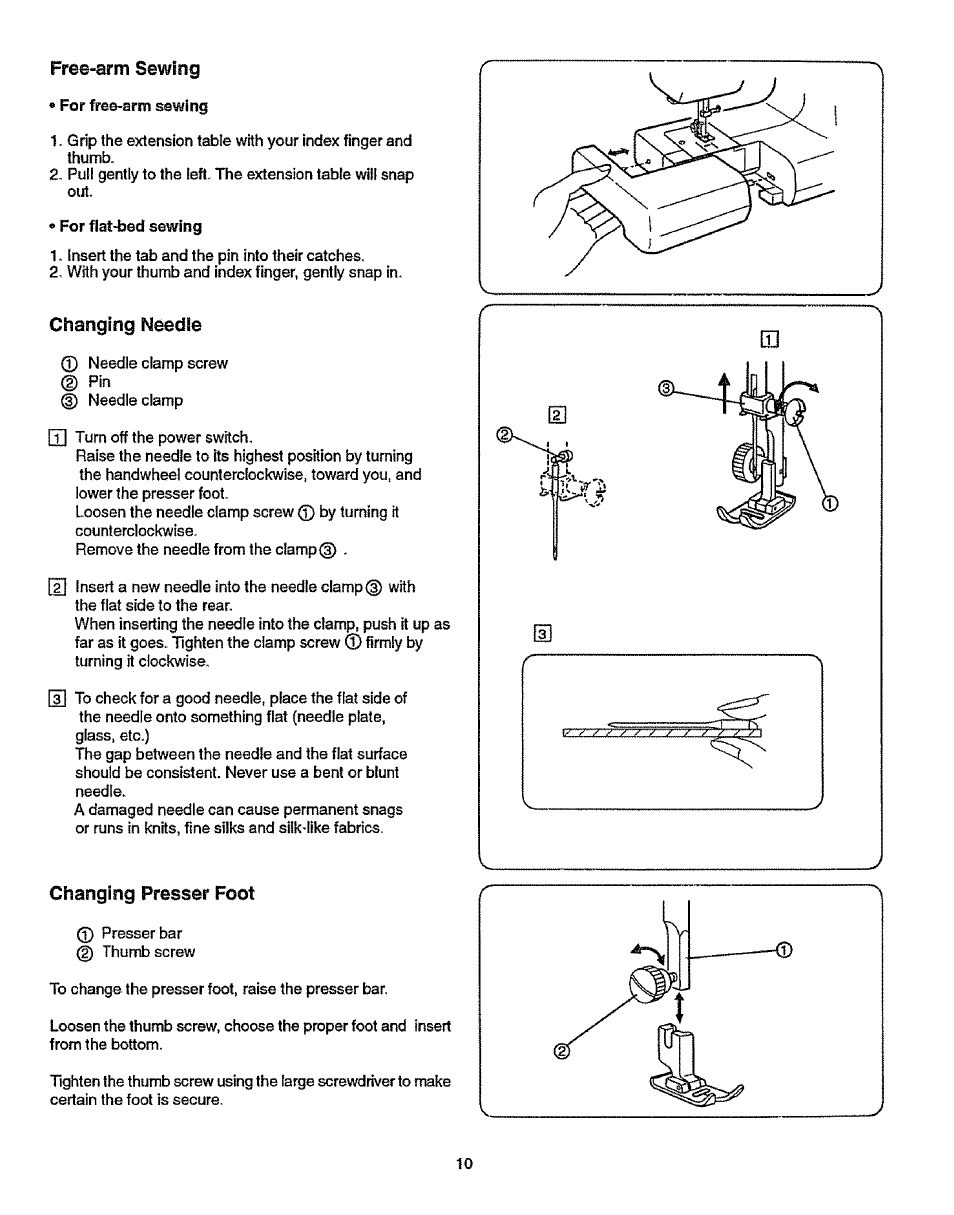 Free-arm sewing, Changing needle, Changing pressar foot | Changing presser foot | Sears 38512102 User Manual | Page 18 / 69