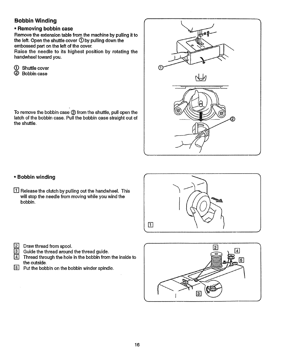 Bobbin winding, Removing bobbin case | Sears 38512102 User Manual | Page 24 / 69