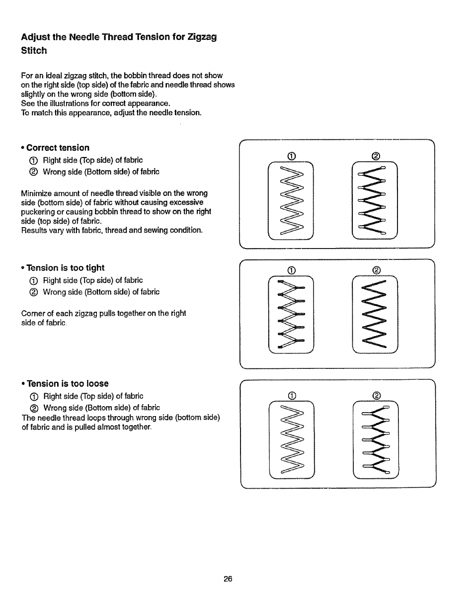 Adjust the needle thread tension for zigzag stitch, Correct tension, Tension is too tight | Tension is too loose | Sears 38512102 User Manual | Page 34 / 69