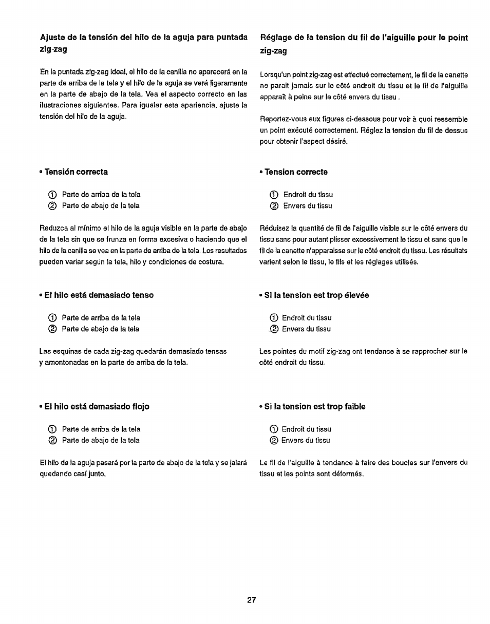 Tensión correcta, E1 hilo está demasiado tenso, Si la tension est trop élevée | Ei hilo está demasiado flojo, Si la tension est trop faible, El hilo está demasiado flojo, Si ia tension est trop, Éievée, Si la tension est trop, Faible | Sears 38512102 User Manual | Page 35 / 69