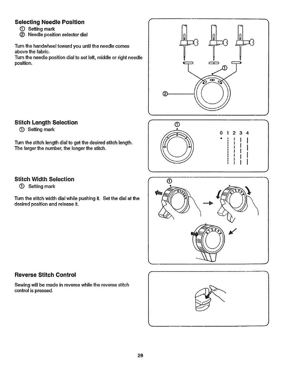 Ssl^ctiiiq i^osition, Siitch length selection, Stitoh width selection | Reverse stitch control, Stitch length selection stitch width selection | Sears 38512102 User Manual | Page 36 / 69