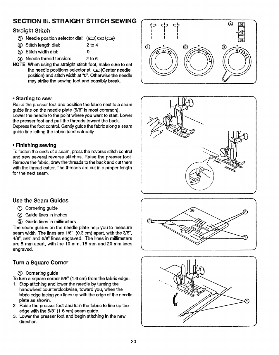 Section iii. straight stitch sewing, Straight stitch, Finishing sewing | Uss the seam guides, Turn a square corner, Straight stitch sewing | Sears 38512102 User Manual | Page 38 / 69