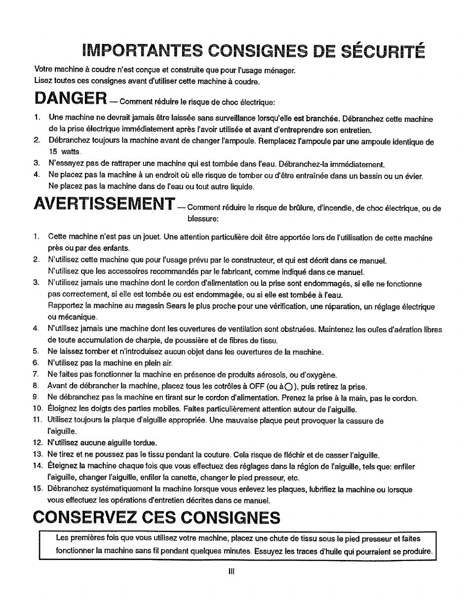 Importantes consignes de sécurité, Danger, Conservez ces consignes | Sears 38512102 User Manual | Page 4 / 69