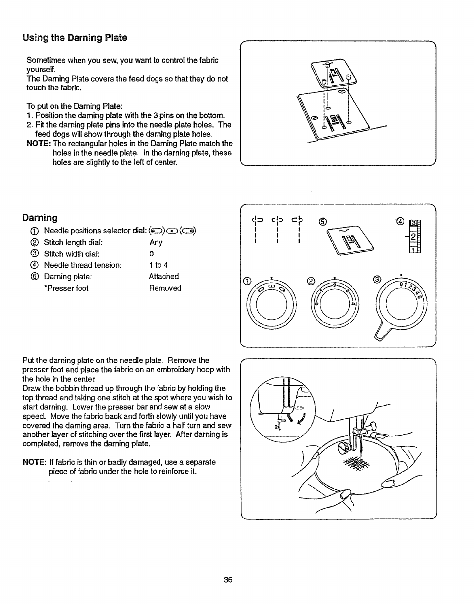 Using the darning plate, Darning | Sears 38512102 User Manual | Page 44 / 69