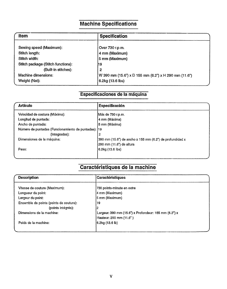 Machine specifications, Caractéristiques de la machine, Item specification | Especilîcaciones de la máquina | Sears 38512102 User Manual | Page 6 / 69