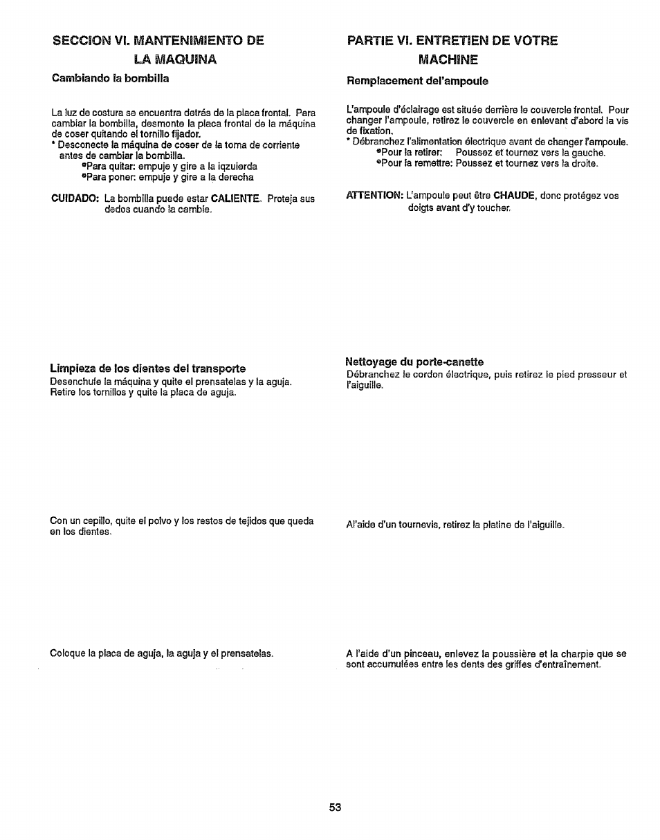 Partie vi. entretien de votre machine, Remplacoment dsl'ampoule, Limpieza cíe los dientes del transport | Nettoyage du porte-canette, Rempiacement de l'ampoufe | Sears 38512102 User Manual | Page 61 / 69