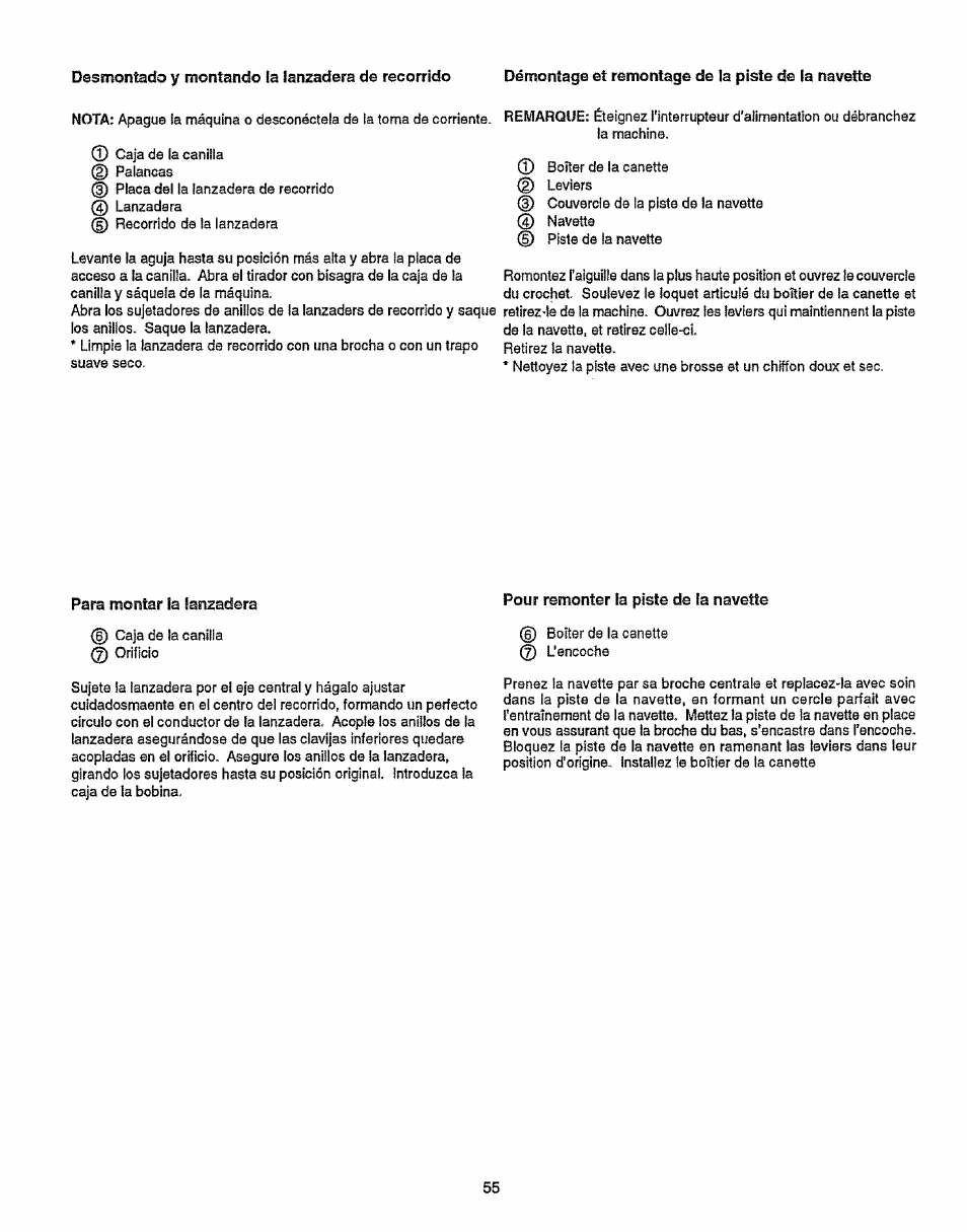 Desmontado y montando la lanzadera de recorrido, Para montar ia lanzadera, Pour remonter la piste de la navette | Para montaría lanzadera, Pour remonter la piste de ia navette | Sears 38512102 User Manual | Page 63 / 69