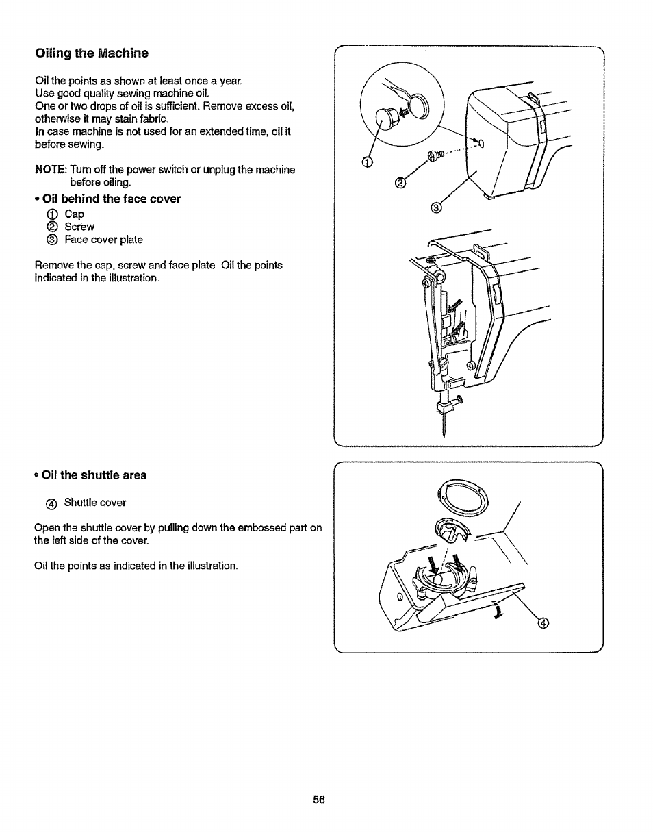 Oiling the machine, Oil behind the face cover, Oil the shuttle area | Sears 38512102 User Manual | Page 64 / 69