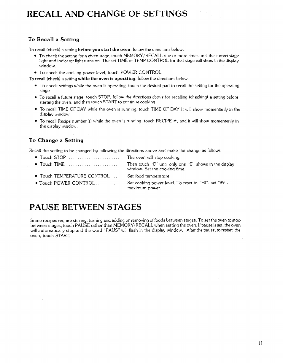 Recall and change of settings, To recall a setting, To change a setting | Pause between stages | Sears 85951 User Manual | Page 11 / 40